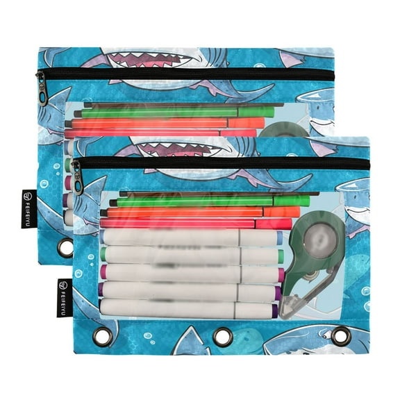 Ckdifva Cartoon Sharks Pencil Pouch 3 Ring Zipper Pencil Case Binder Pockets Clear Top Cosmetic Bag 2 Pack