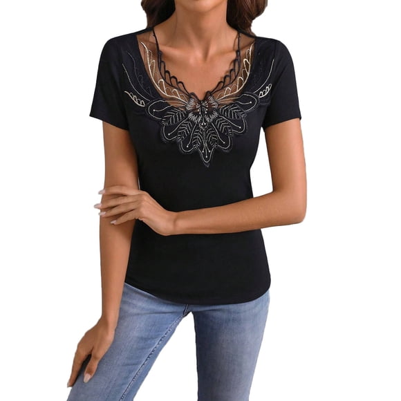 Women's Summer Solid Color Fashion Embroidered Short Sleeve Top, Casual V-neck T-shirt, Soft and Comfortable Blouse, Ideal for Daily Wear, Elegant and Versatile Summer Wardrobe Essential
