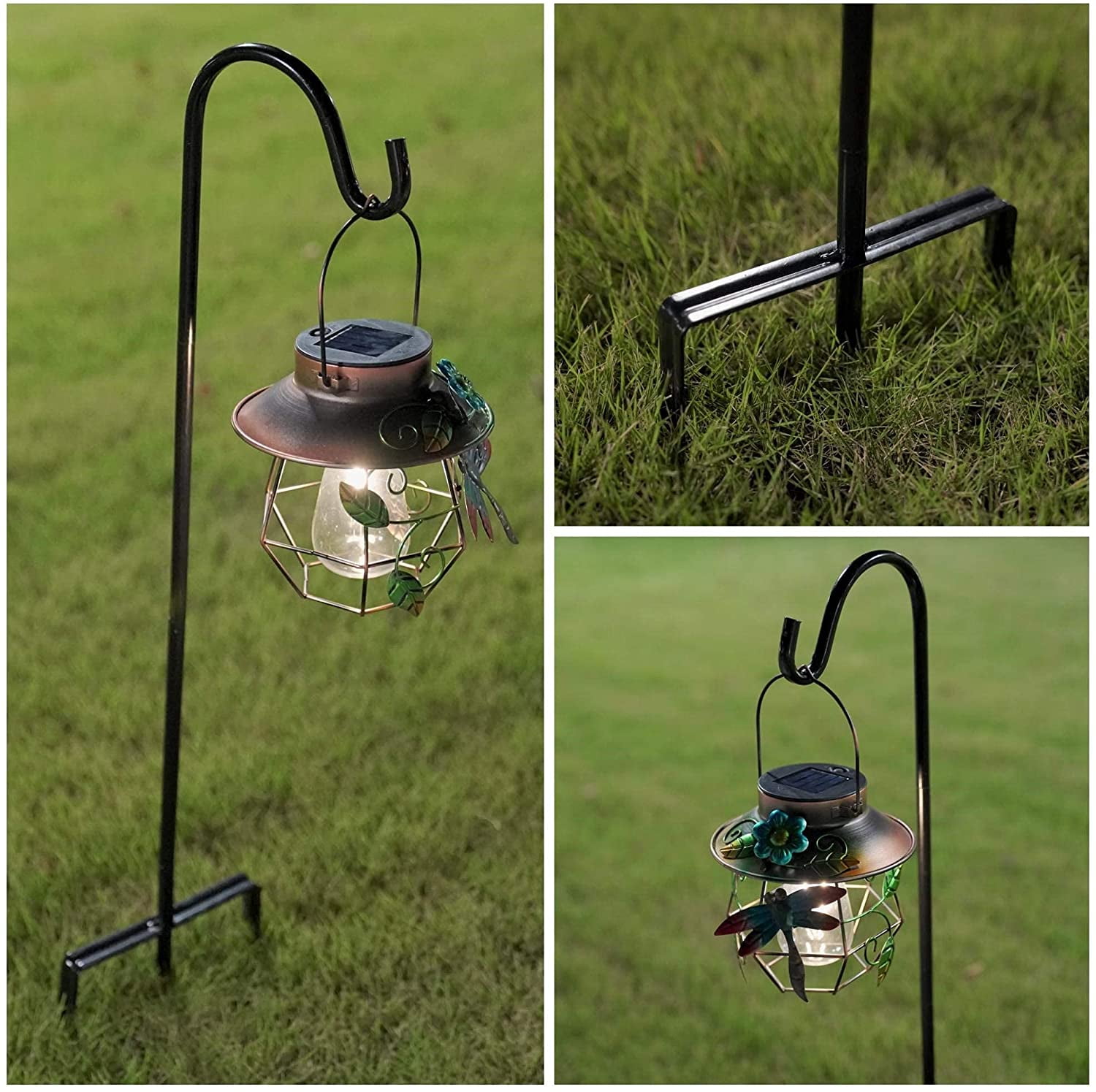 Shepherd Hook Adjustable Height 32/24/16’’ 1/2 inch Thick Use at Weddings, Hanging Solar Lights, Lanterns, Bird Feeders, Metal Hanger Hook (Black,32inch). U.S. Patent.