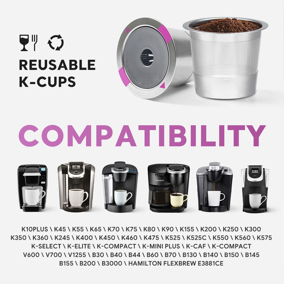 6 Pack Reusable Refillable K-Cups Coffee Filter – Fits Keurig K560 K575 – Purple