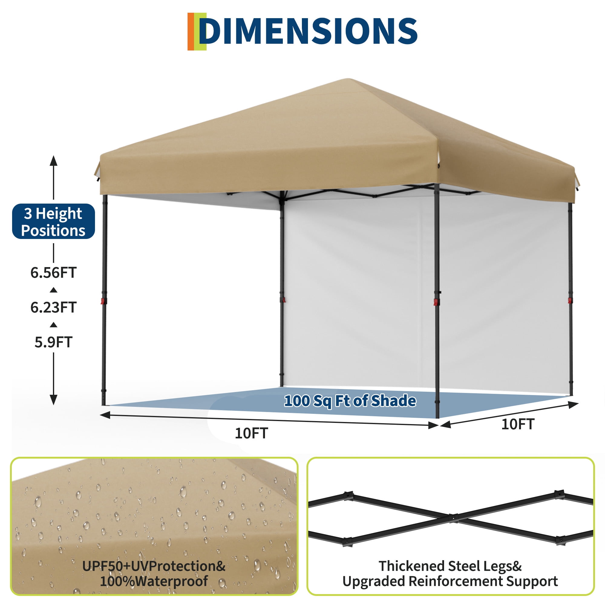 Heavy Duty Pop Up Canopy Tent 10x10 FT – Waterproof & UV-Resistant Outdoor Shelter – 1 Sidewall – Folding 210D Silver Coated Oxford – Easy Setup for Camping, Picnics, Beach, Events – Khaki