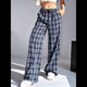 thumbnail image 5 of Pantalones Rectos con Estampado de Leopardo A Cuadros para Mujer, Cintura Elástica, Estilo Y2K, con Bolsillos. Cuadrícula Azul y S, 5 of 6