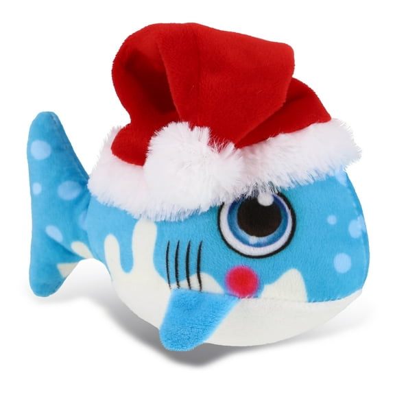 DolliBu Santa Shark Stuffed Animal Plush Toy - Super Soft Blue Shark Plush Animal Dress Up with Red Santa Claus Hat, Cute Ocean Life Christmas Holiday Gift - 6 Inches