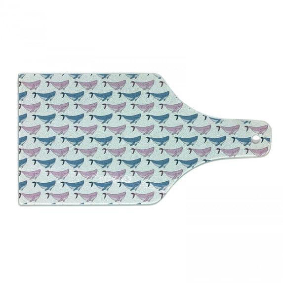 Whale Cutting Board, Sea Animals Pattern with Smiling Fish Swimming Happily Doodle Style Art, Tempered Glass Cutting and Serving Board, Wine Bottle Shape, Blue Lilac and White, by Ambesonne