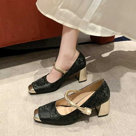 

New Chinese High Heels New Summer National Style Square Toe Thick Heel Shoes Shallow Mouth Retro Mary Jane Women‘s Shoes