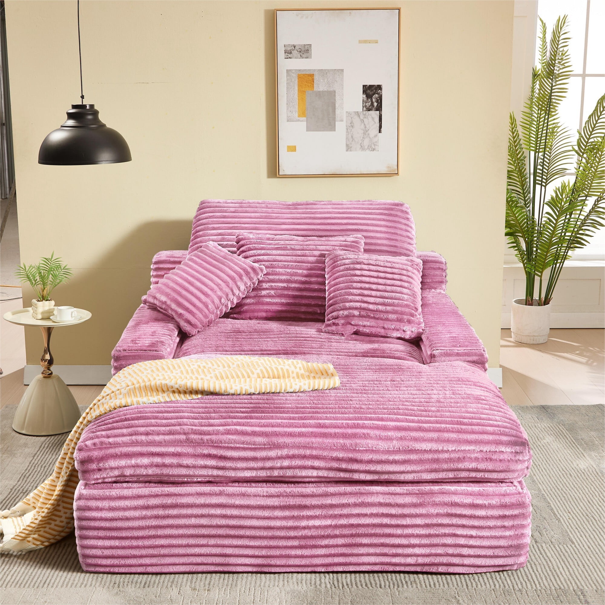 DEALTOPS Oversized Corduroy Chaise Lounge Sofa, 75.2" Upholstered Couch with Pillows for Living Room & Bedroom, Pink