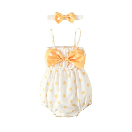 

Toddler Girls Summer Sleeveless Polka Dot Print Romper Bodysuit Headband 2pcs Suit Outfits Outwear Kid Outfits for Girls