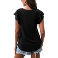 thumbnail image 2 of Camiseta de manga con volantes para mujer, cuello redondo, blusa informal holgada de color puro para verano, negro S, 2 of 3