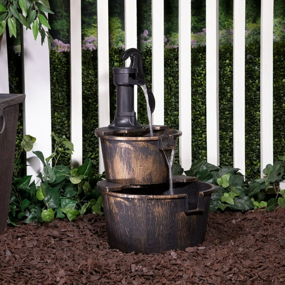 Alpine Corporation 27" Two-Tier Barrel & Pump Outdoor Fountain, Bronze