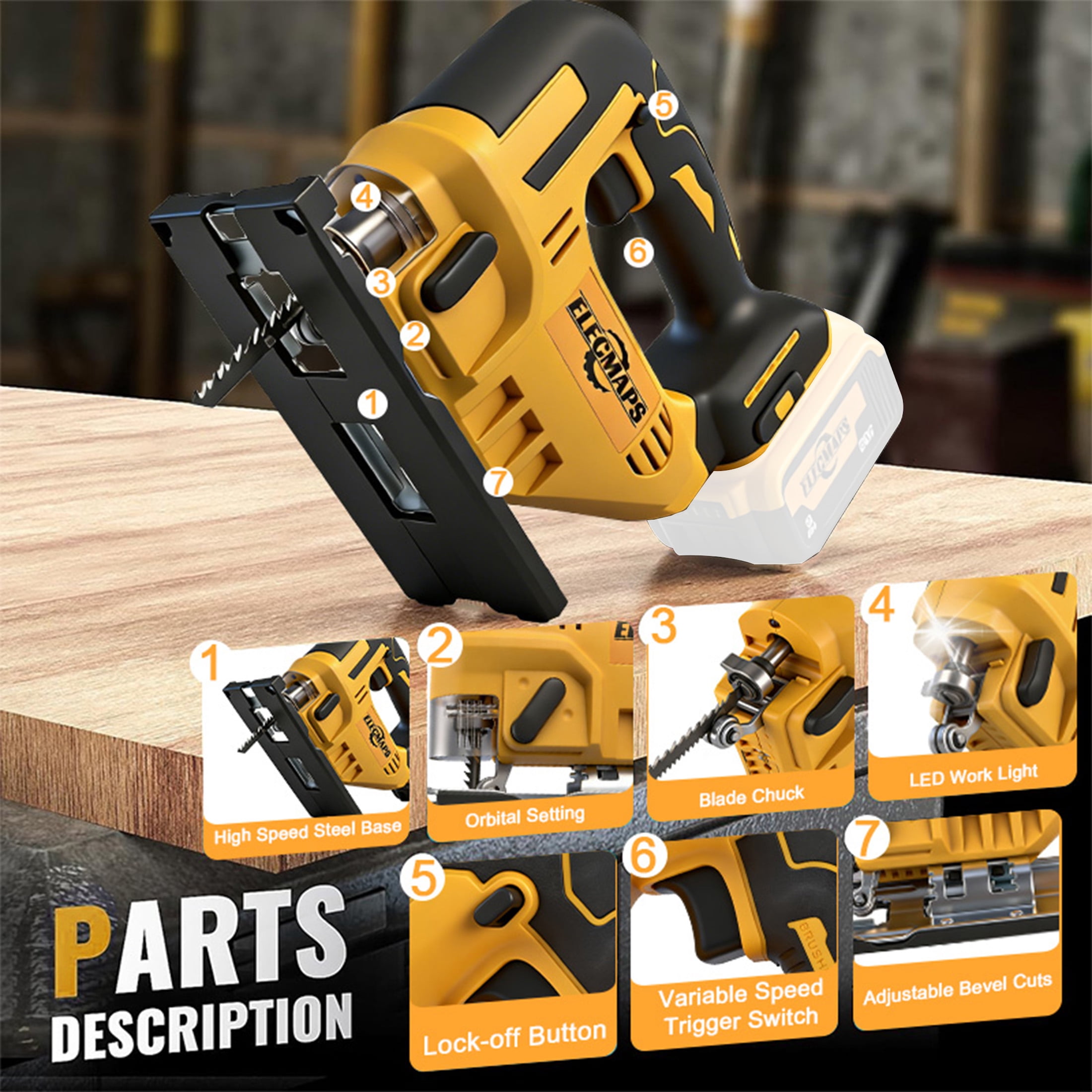 ELECMAPS 750W Cordless Jigsaw Power Saw 2700 SPM, Multi Tool Heads Included, For Wood Metal PVC Cutting, DIY Home Improvement & Professional Use, Compatible with Dewalt 20V Batteries (Tool Only)