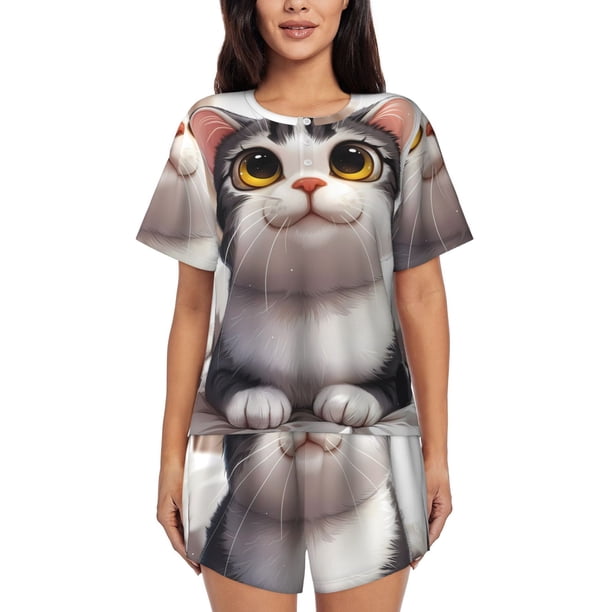 Fotbe Cute Cartoon Kitten Conjunto de Pijama Estampado para Mujer, 2 Piezas, Ropa de Dormir con Camiseta de Manga Corta y Shorts Suaves-Small