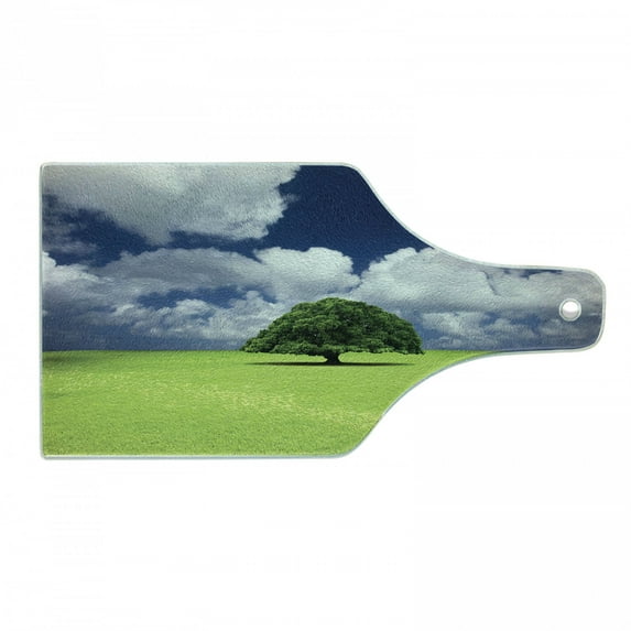 Nature Cutting Board, Single Old Tree on Wide Grass Field Fluffy Clouds Sunny Summer Day Cloudscape Print, Tempered Glass Cutting and Serving Board, Wine Bottle Shape, Green Blue, by Ambesonne
