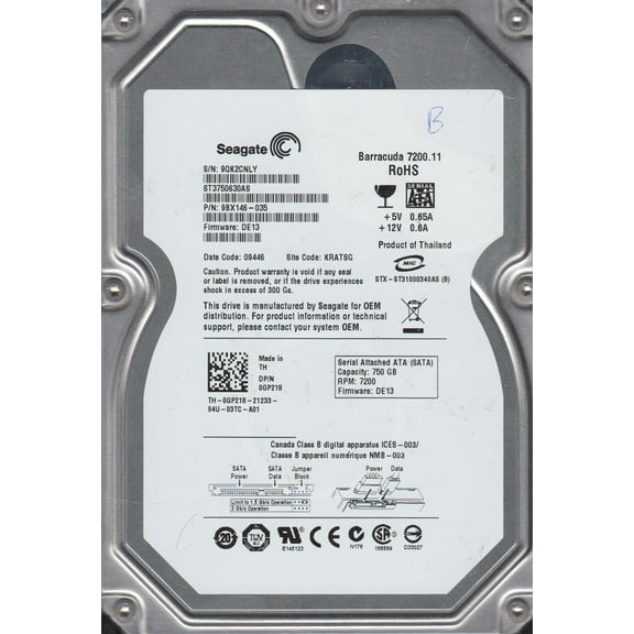 ST3750630AS, 9QK, KRATSG, PN 9BX146-035, FW DE13, Seagate 750GB SATA 3.5 Hard Drive