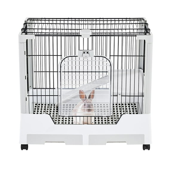 Alden Design 2 Level Rolling Wheel Rabbit Cage Small Animal Cage Habitat Platform and Ramp Indoor