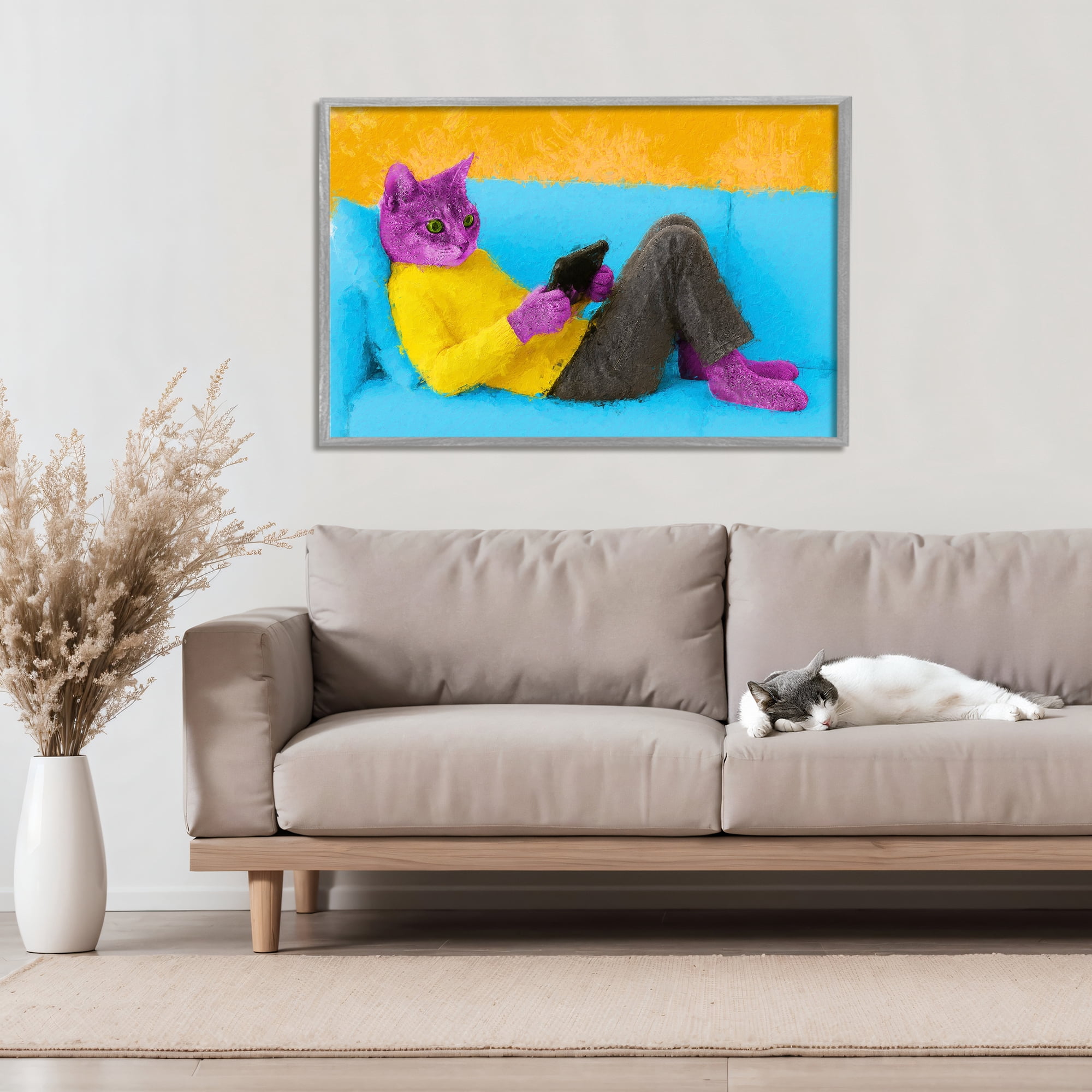 Stupell Industries Vibrant Cat Playing Game Gray Framed Giclee Art, design by Sean Parnell