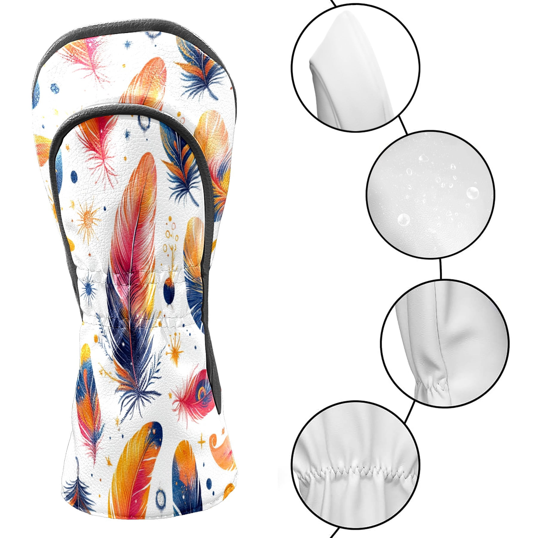 Golf Club Covers PU Leather Waterproof Head Covers for Fairway Woods Hybrids Bright Feathers
