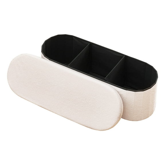 VEVOR Oval Storage Ottoman Bench, Foldable Teddy Fleece End of Bed Bench, Folding Upholstered Bed Ottoman Chest with Large Storage Space, Supports 660 lbs, for Living Room, Bedroom, Entryway, Beige