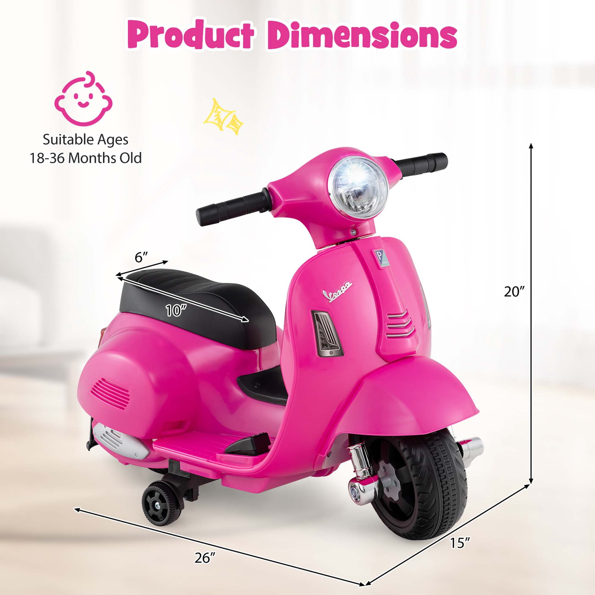 Costway Kids Ride on Motorcycle with Training Wheels Headlight Horn 6V Battery Pink