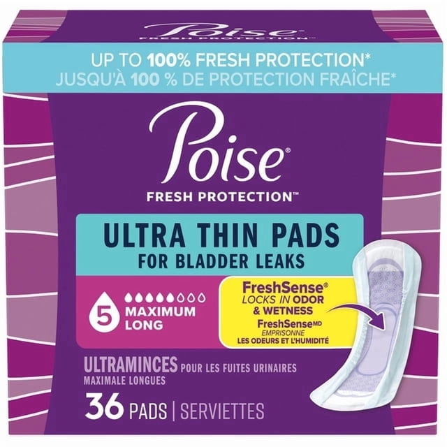 Poise Serviettes d'Incontinence Ultraminces pour Femmes, 5 Gouttes, Absorption Maximale, Régulières, 36 Unités
