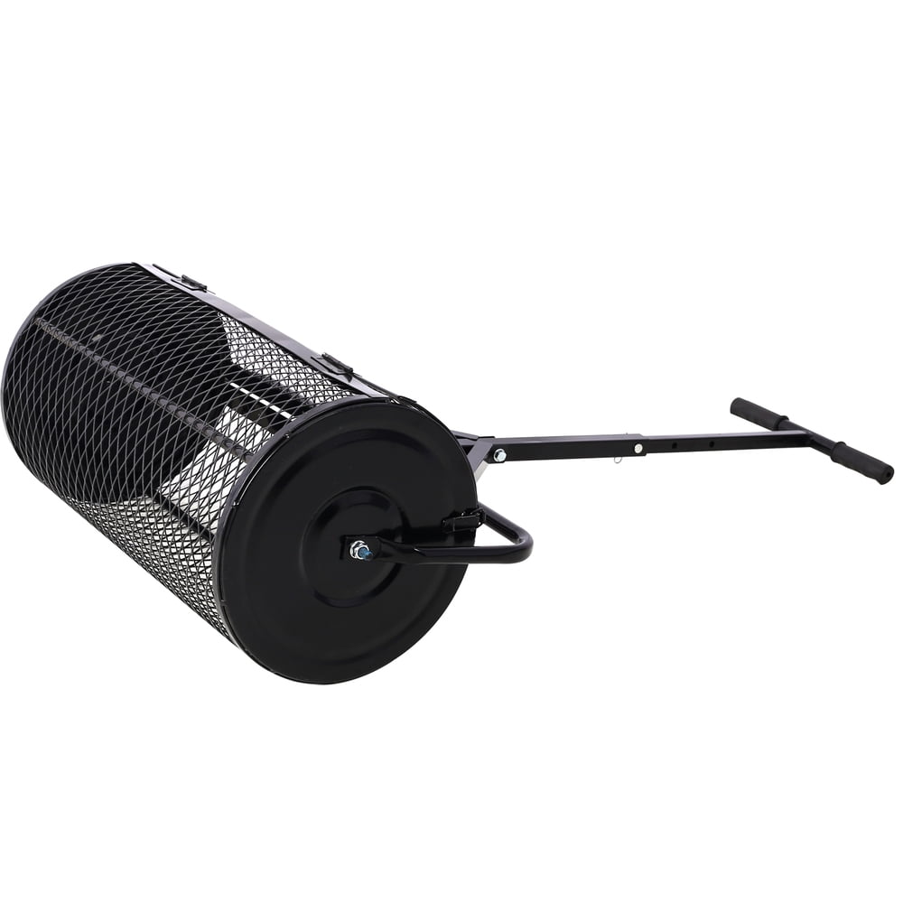 24 Inch Peat Moss Spreader, Black Metal Mesh Compost Spreader with T‑Shaped Handle, Heavy Duty Lawn & Garden Manure Roller