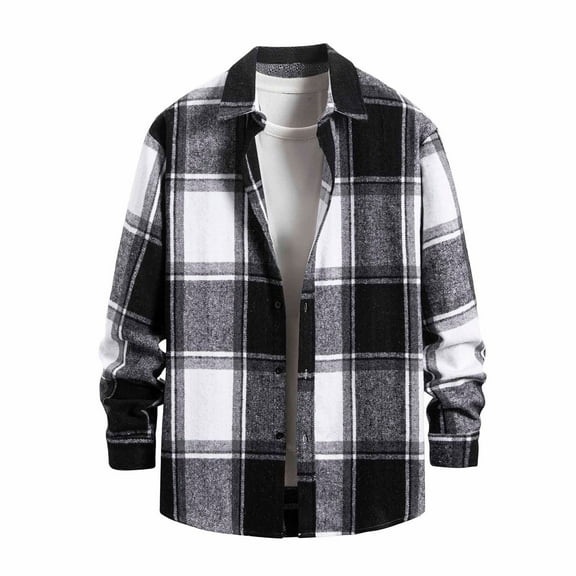 USNSM Men's Flannel Shirts Casual Fashion Long Sleeve Casual Cotton Plaid Turndown Collar Button Down Shirt Jacket Black XL