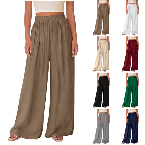 Nugftut Womens Wide Leg Pants High Waist Pants Flowy Casual Loose Summer Vacation Lounge Trousers
