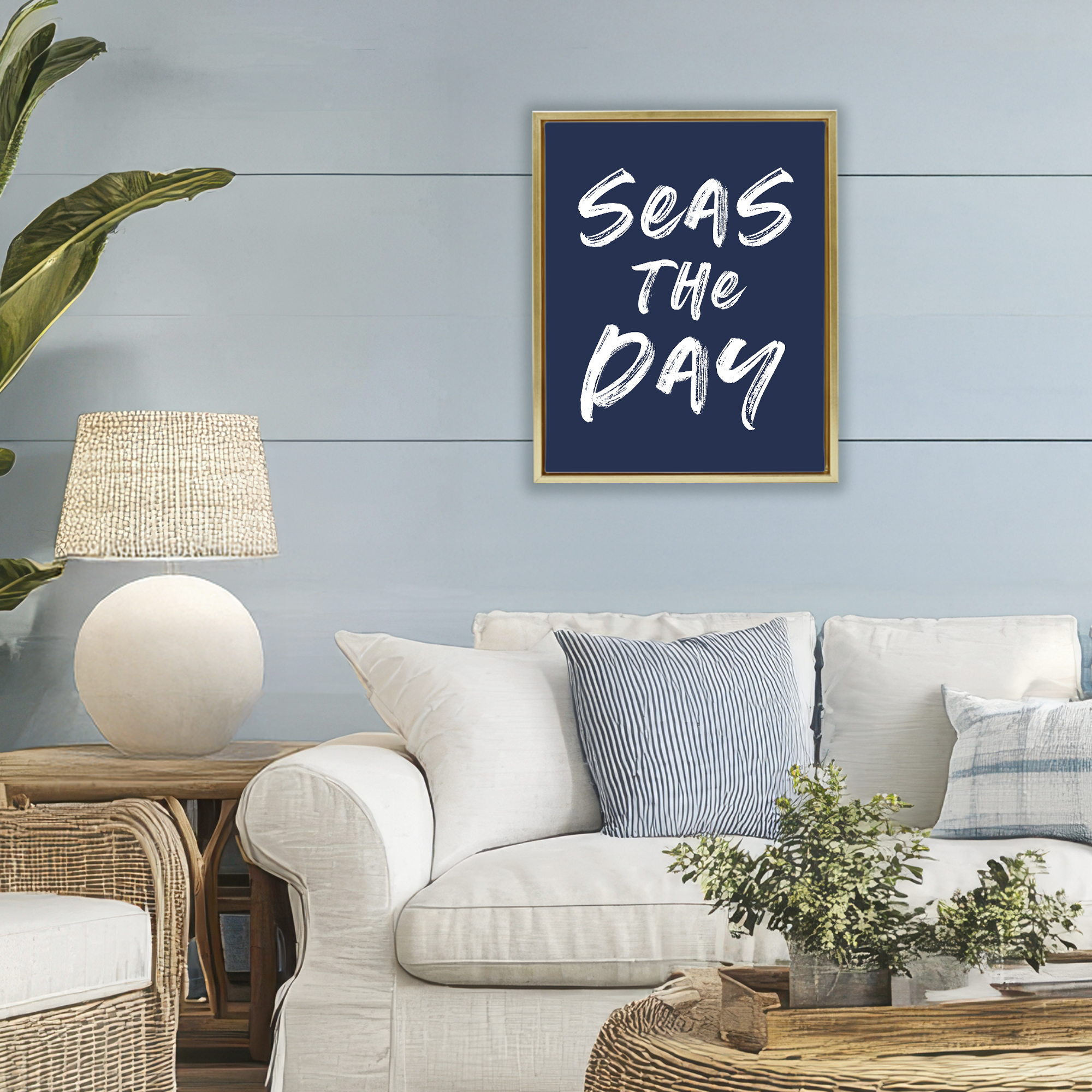 Seas The Day Sentiment Gold Framed Floater Canvas Wall Art, design by Lettered and Lined