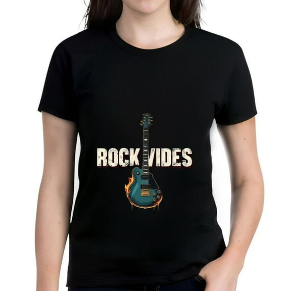 Women's Cotton Short Sleeve T-Shirt with Blue Electric Guitar and Orange Flames Graphic ' ROCK VIDEOS ' Print