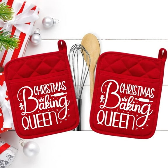 Set of 2 Red - Christmas Baking Queen - Pot Holder - Oven Mitt - Hot Pad - Polyester & Neoprene White Elephant - 9" x 7" - NEO006REDDBL