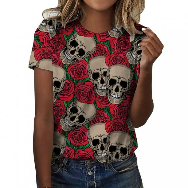 Tops Para Mujer Salir Tops Camiseta Casual Holloween Impreso Cuello Redondo Blusa de Manga Corta Odeerbi ODB150271