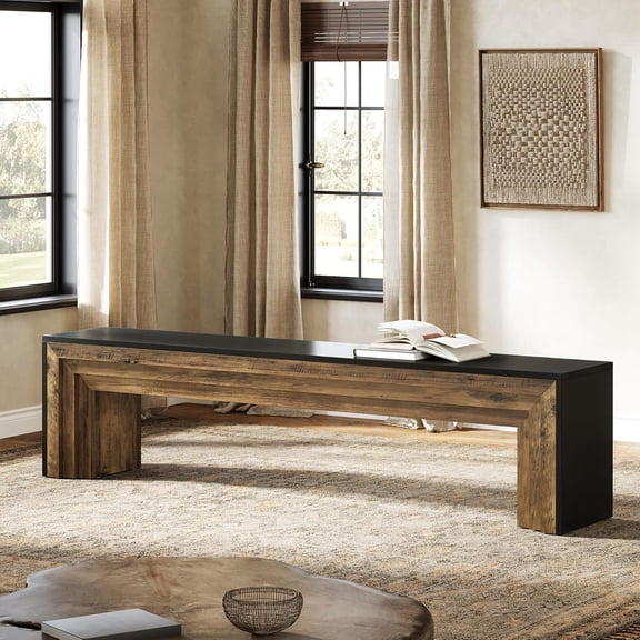 Tribesigns 70.9-Inch Entryway Bench, Farmhouse Extra Long Shoe Bench with Layered Design for Hallway, Living Room, Brown & Black