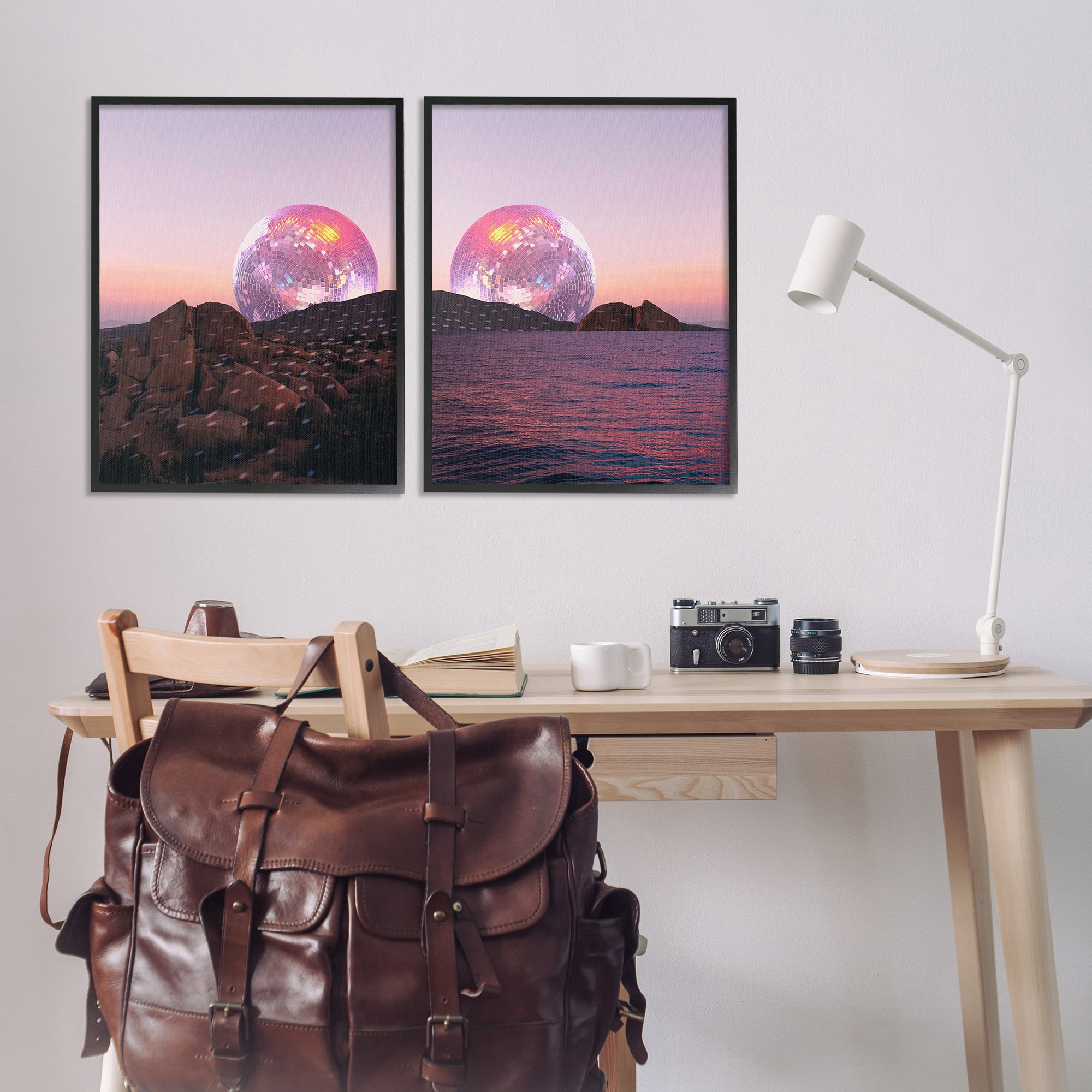 Stupell Industries Surreal Disco Ball Landscape Landscape Painting Black Framed Art Print Wall Art, 24 x 30, Set of 2