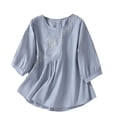 thumbnail image 1 of Timegard Hauts en Coton et Lin pour Femmes Manches 3/4 Col Rond Blouse Brodée Froncée Décontractée Ample, 1 of 7