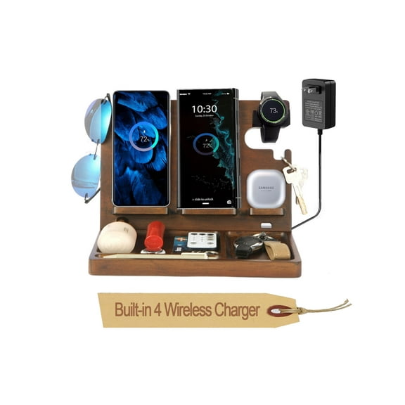 Wireless Charging Station for Samsung 2 Phones,Galaxy Watch 7/6/5/4/3/2,Galaxy Buds,Phone Holder for Desk,Wood Phone Docking Station,Desk Tray,Nightstand Organizer Gifts for Men