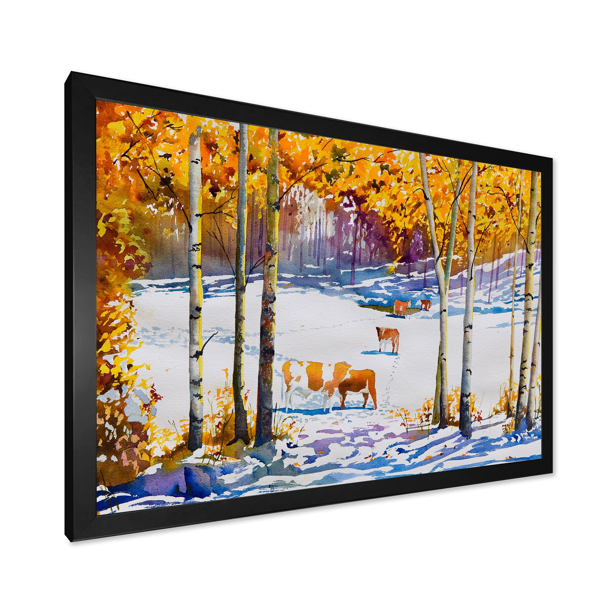 Designart 'Cattles In The Early Snow In The Tree Forest' Farmhouse Framed Art Print