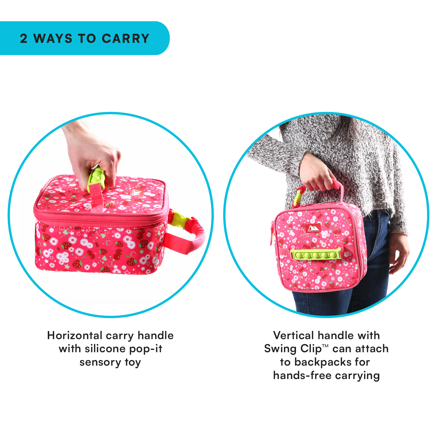 Arctic Zone Push & Pop Lunch Box Combo with Sensory Pop Handle, Ice Pack and Sandwich Container - Very Berry Cherry