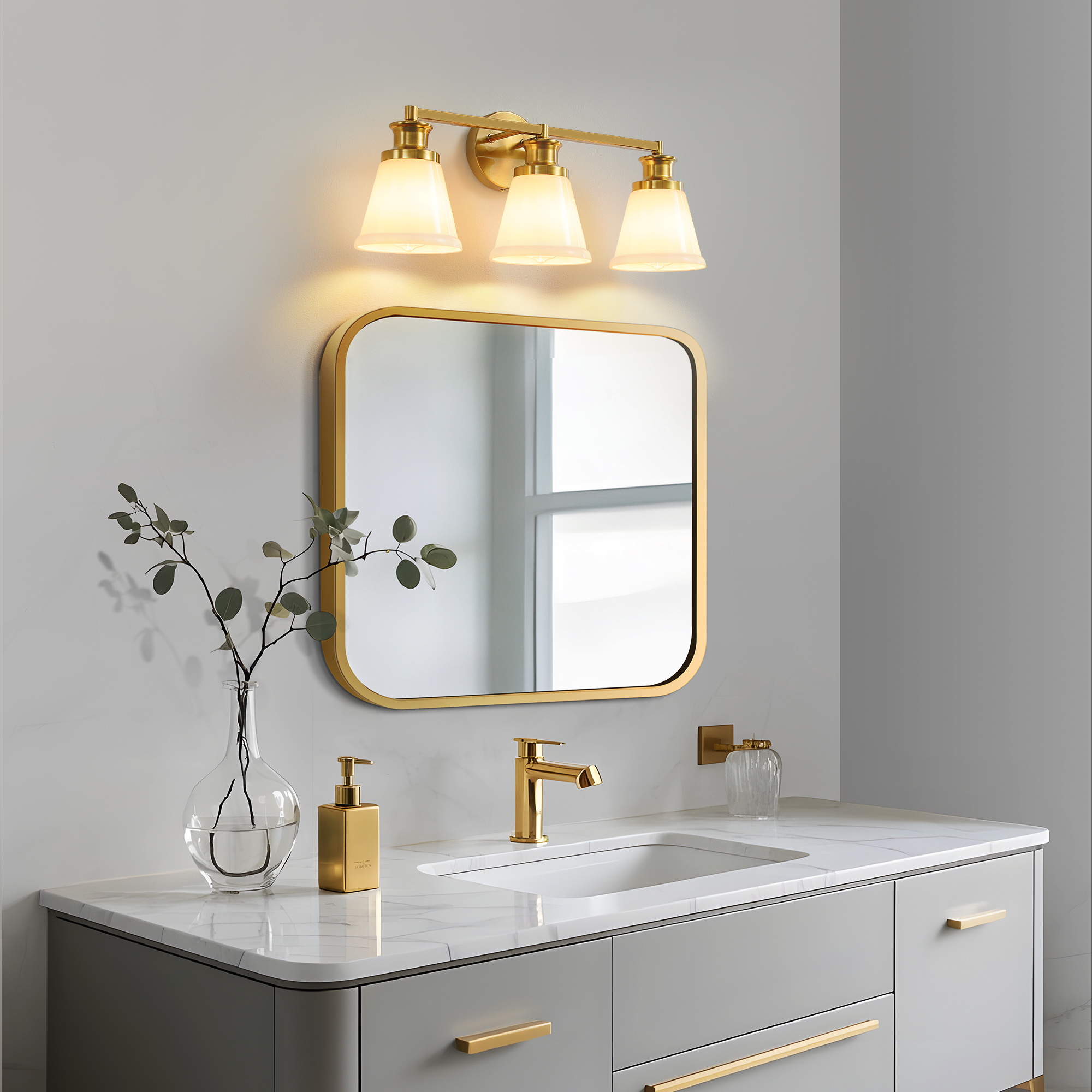 Bathroom Vanity Light Fixtures 3 Lights Modern Bathroom Lighting Fixtures Over Mirror with Frosted Milky Glass Shade Gold Wall Sconce for Bath Bedroom