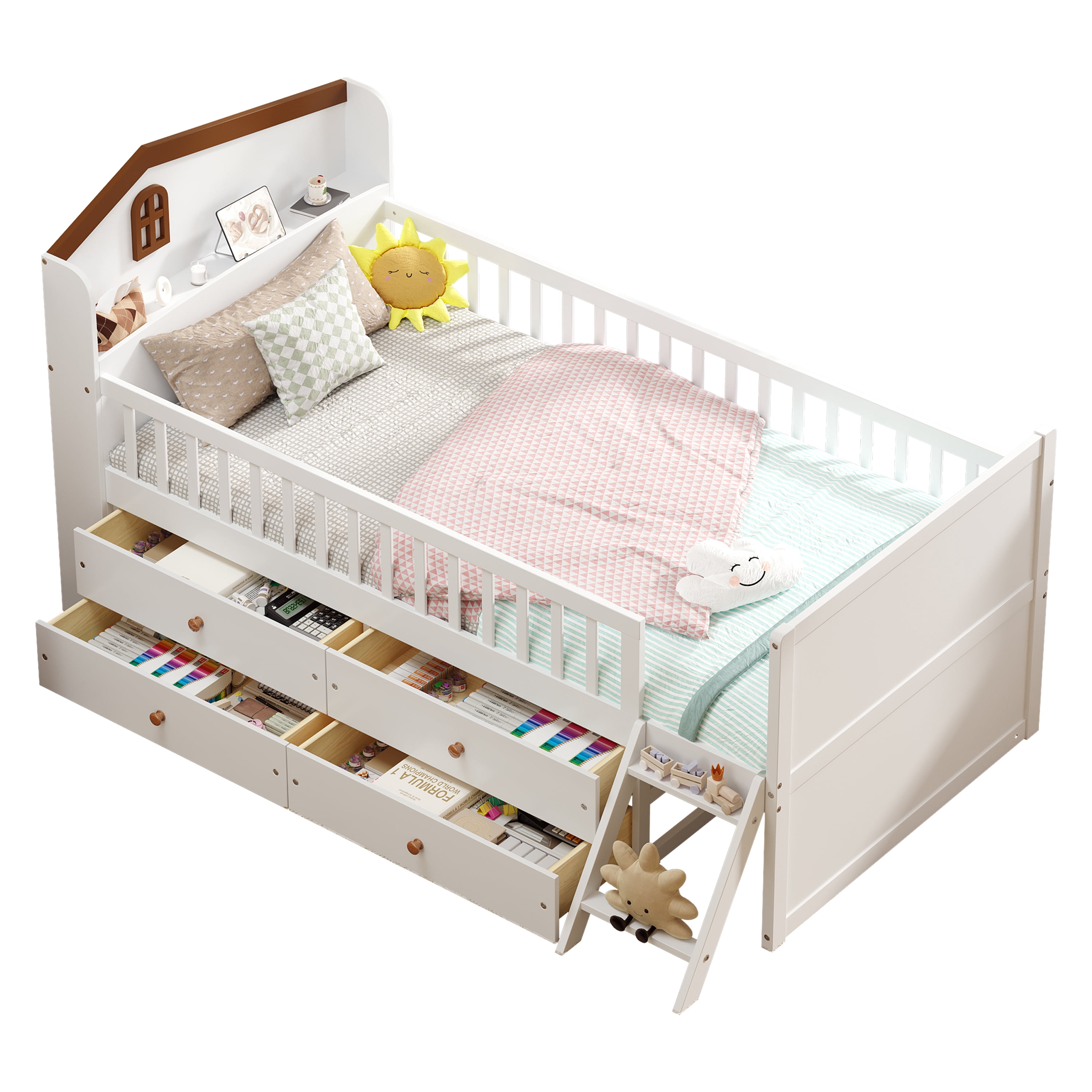 Euroco Wood Twin Size Platform Bed with Drawers, House Bed with Storage and Ladder, White