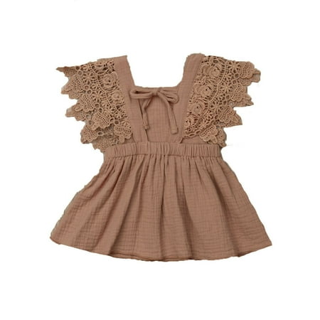

2021 Toddler Baby Girl Infant Comfy Cotton Linen Lace Princess Overall Dress Sundress