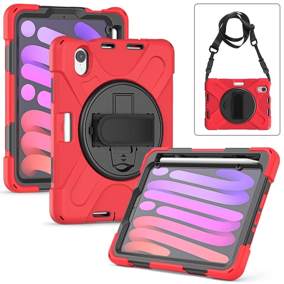 For Apple iPad Mini 6 (2021) Heavy Duty Rugged Hybrid with Kickstand, Shoulder Hand Strap, Pencil Holder Shockproof Full Protective Cover ,Xpm Phone Case [Red]