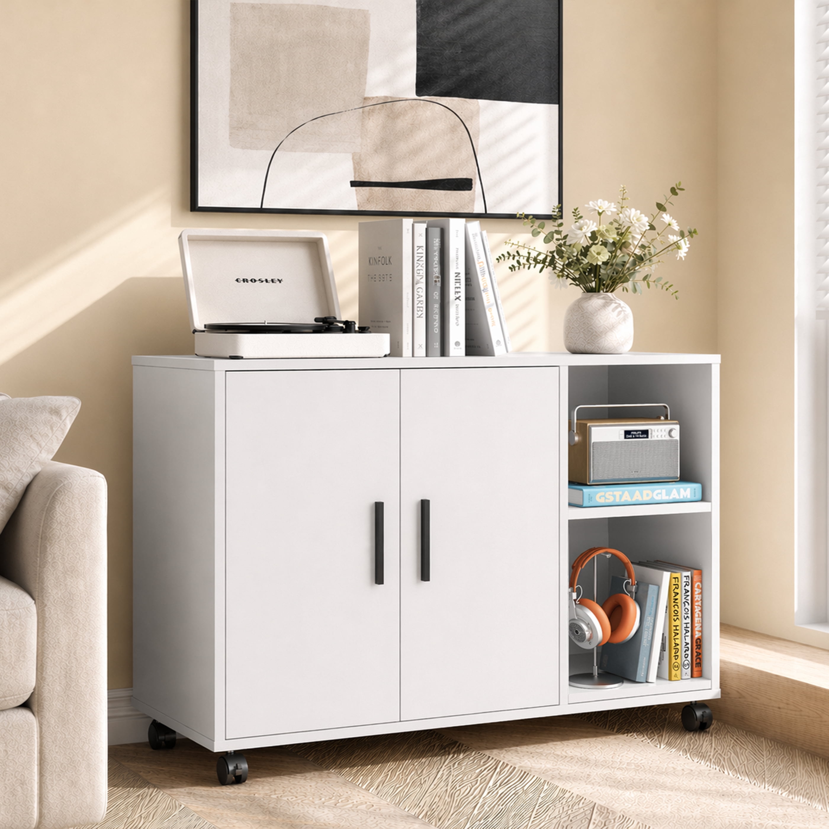 GALAXHERO Wood Storage Cabinets with Doors and Shelves, Lateral File Cabinet & Printer Stand with Storage for Home Office, White