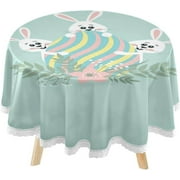 SKYSONIC Easter Funny Rabbits Round Tablecloth 60inch Indoor Wrinkle Free, Colorful Eggs Circular Lace Table Cover Washable for Kitchen Party BBQ Dining Decor