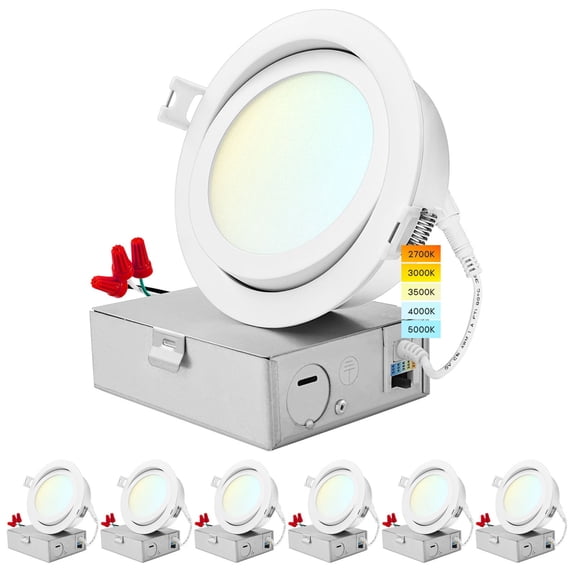 Luxrite 4 Inch Gimbal LED Recessed Lighting, 5 Color Selectable 2700K-5000K, 950 Lumens, Dimmable, 12W, Wet Rated, ETL Listed 6 Pack