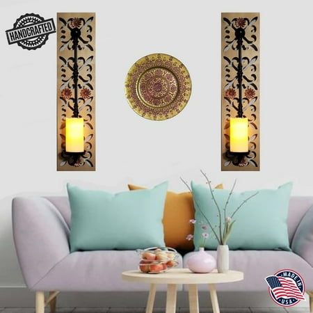 

Golden & Black Wood Wall Sconce. There are slight matte Golden and a matte black metal attachment with candle plate and flameless candle