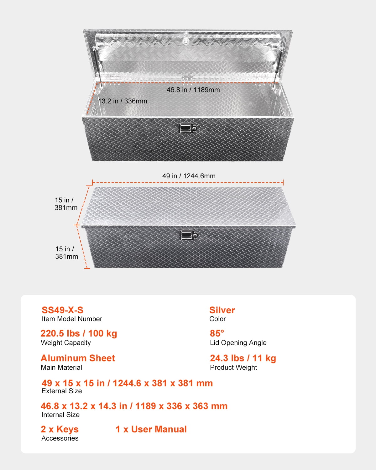 VEVOR Heavy Duty Aluminum Truck Bed Tool Box, Diamond Plate Tool Box with Side Handle and Lock Keys, Storage Toolbox Chest Organizer for Trailer, Pickup, Truck Bed, RV, 49"x15"x15", Silver