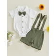 thumbnail image 4 of BemeyourBBs Baby Boy Formal Gentleman Wedding Outfit Christening Baptism Outfits Cotton Linen Summer Dress Clothes Short Sleeve Button Down Lapel Bowtie Bodysuit Shirts Suspender Shorts Set, 4 of 9