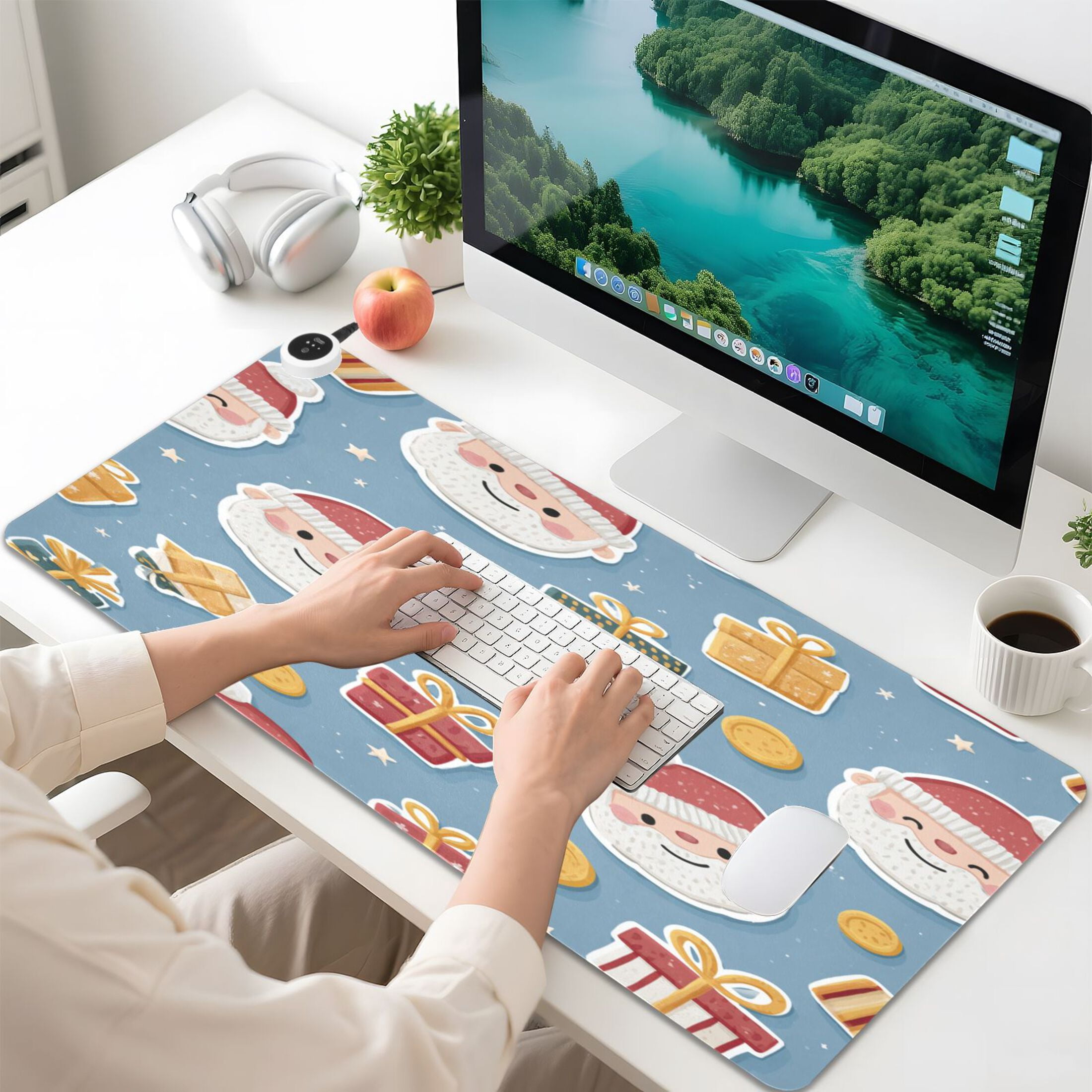 Large Heated Desk Mat Mouse Pad 31.5"x13"PU Leather Graphene Heating Desk Warmer with 3 Temperature Settings 110V US Plug Non-Slip Warm Pad for Home, Office, and Gaming Santa Claus Gifts and Coins