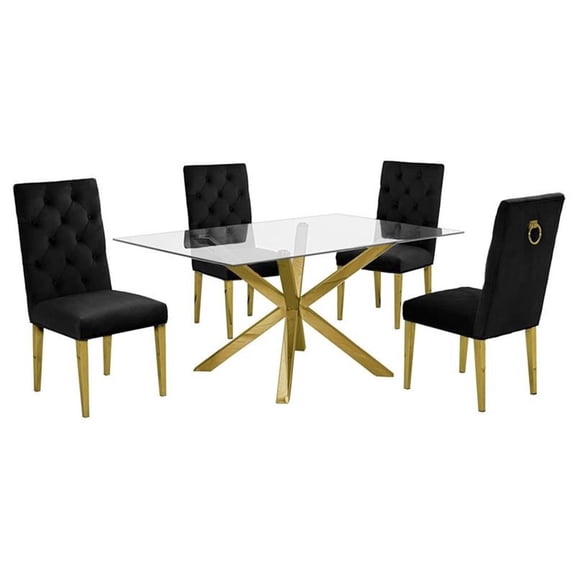 63"x 39" Rectangular Clear Glass 5pc Dining Set with Gold Stainless Steel