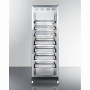 24" wide upright mini reach-in beverage center with stainless steel interior, black cabinet, glass door, and dolly