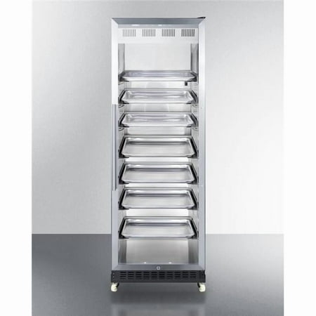 24" wide upright mini reach-in beverage center with stainless steel interior, black cabinet, glass door, and dolly